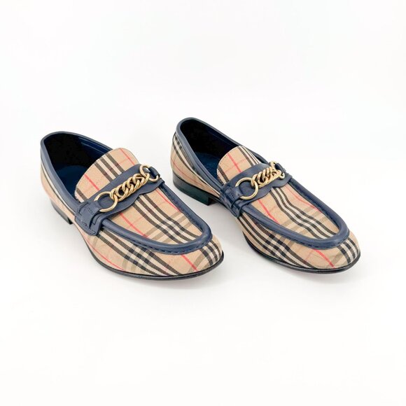 Burberry Solway Chain Loafer EU 38 US 7-7.5 Beige Haymarket Check Canvas Moorley - Picture 1 of 13